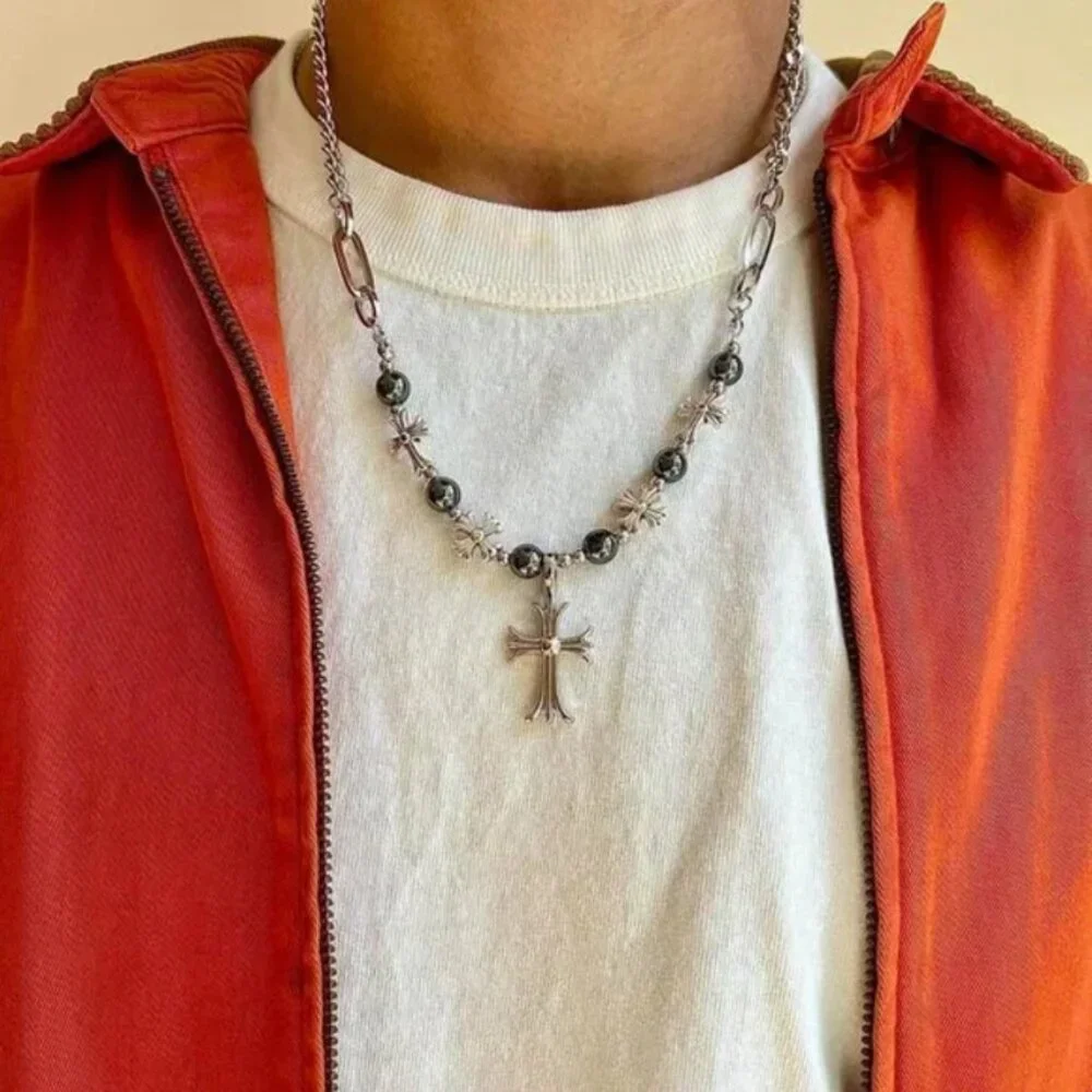 y2k grunge pearl silver cross pendant necklace
